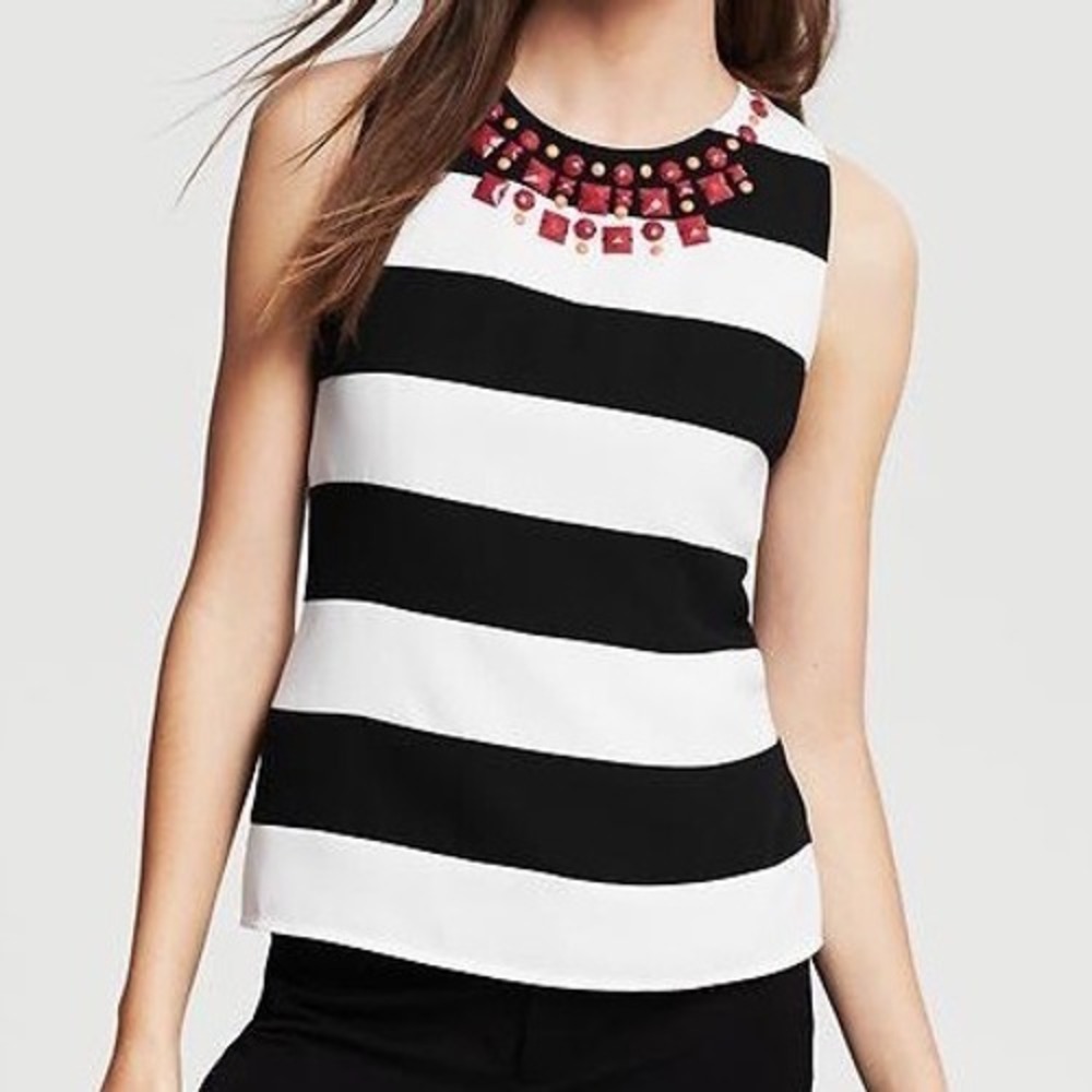 Banana Republic Striped Embellished Jewel Neck Shell Top Black White 12 932495